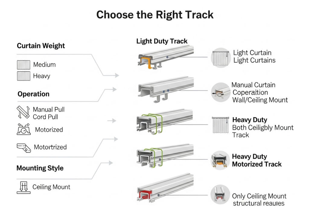 An array of different curtain track types
