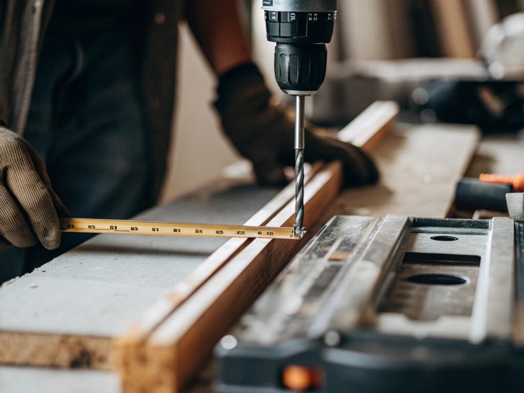 A set of installation tools including a level, drill, and tape measure laid out on a clean surface