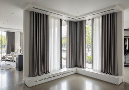 A sleek, ceiling-mounted curtain rail system in a modern hotel room