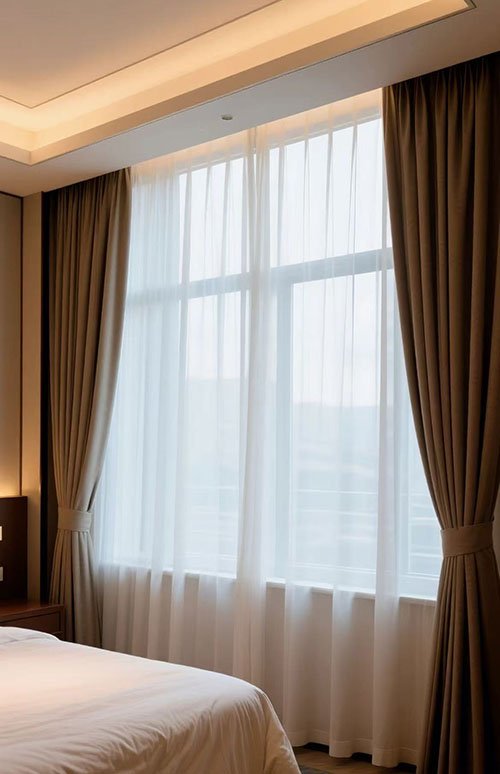 A close-up shot of a heavy-duty curtain track holding a thick, luxurious curtain