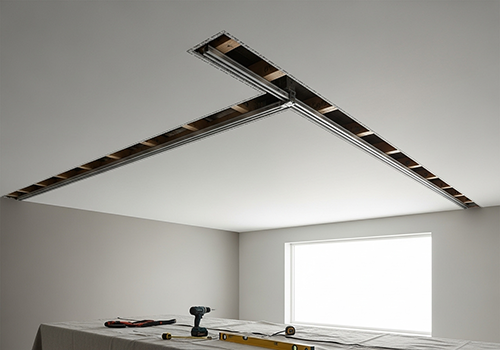 An architectural diagram showing a curtain track installed in a ceiling recess