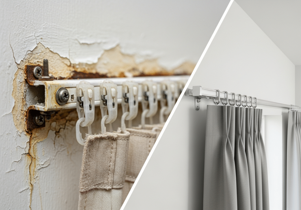 From Refurbishment Risk to Reliable Upgrade A split-screen image showing an old, failing curtain track on one side and a perfectly installed modern track on the other.