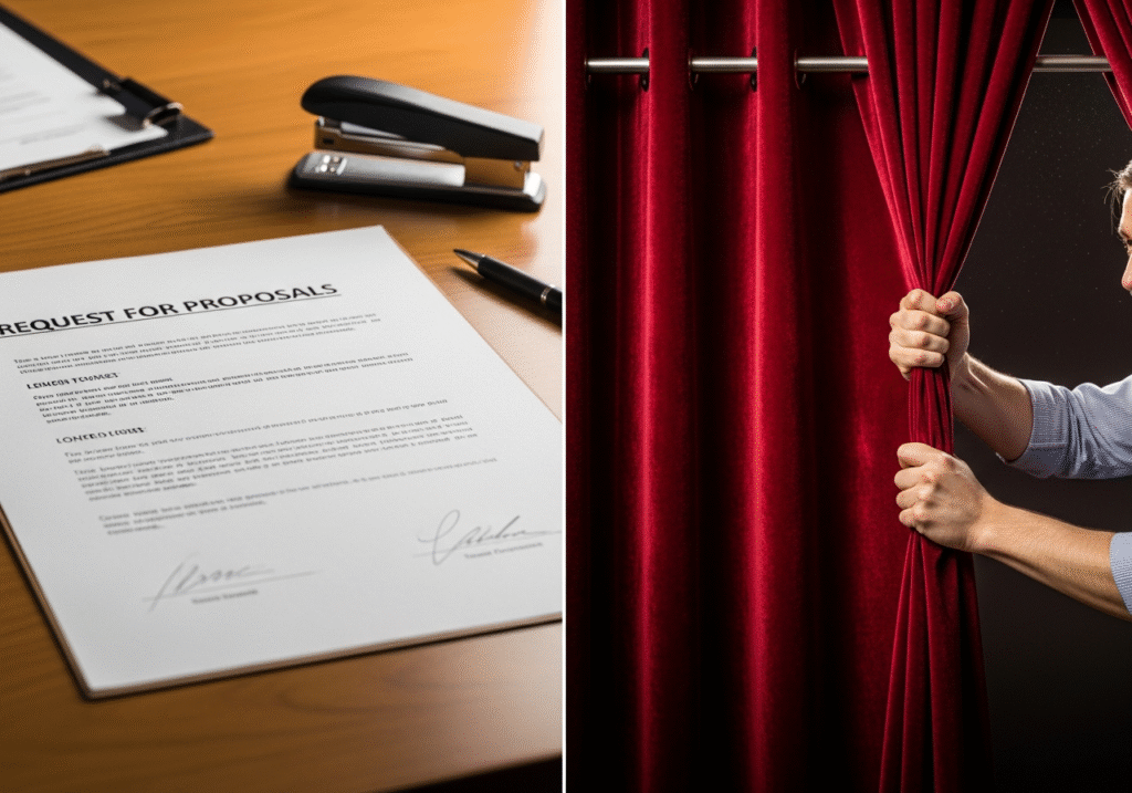 Hotel Tender Specs vs. Real-World Guest Use A split image showing a formal tender document on one side and a person aggressively yanking a curtain from the side on the other.