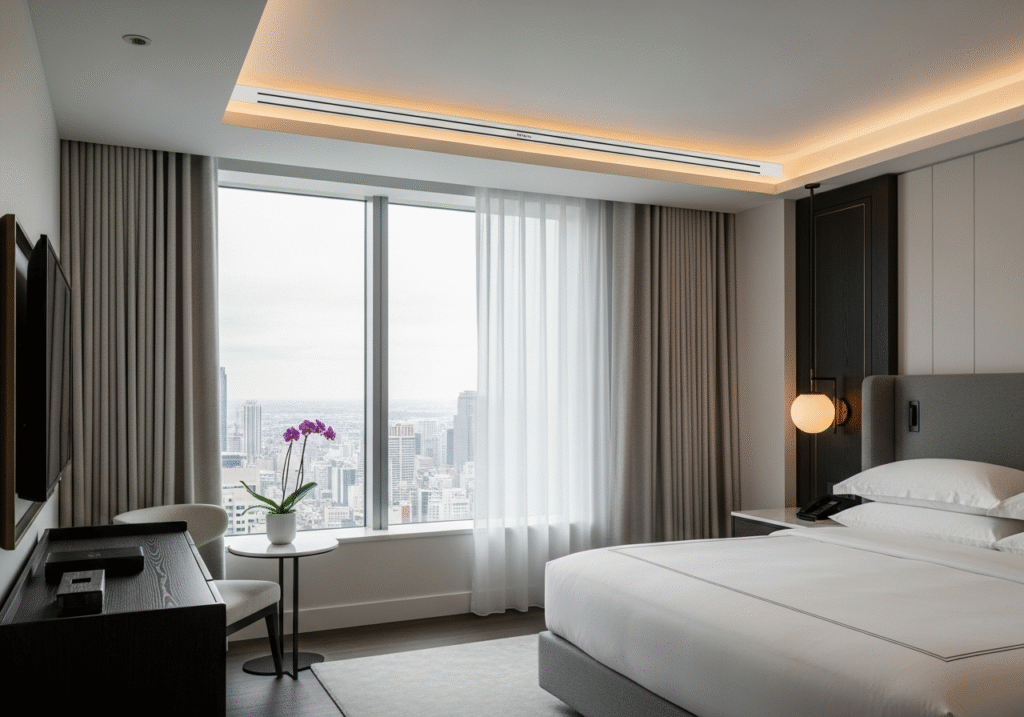 A beautiful hotel room where a sleek curtain track is perfectly integrated into the ceiling design.