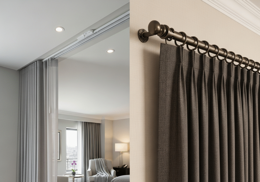 Wall-Mounted vs. Ceiling-Mounted Curtain Tracks A split image showing a clean ceiling-mounted track on one side and a sturdy wall-mounted track on the other in a hotel suite.