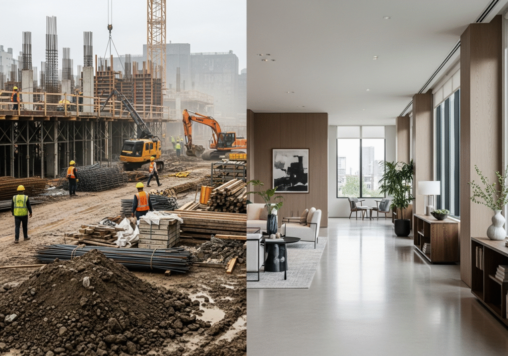 Coordinating Fit-Out Chaos for a Clean Installation A split image showing a chaotic construction site on one side and a clean, orderly final installation on the other.