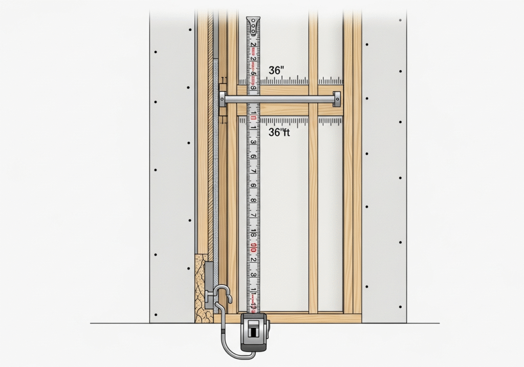 Verifying Hidden Structural Blocking Location A diagram showing a wall cutaway, with a tape measure verifying the height and position of the hidden wooden blocking inside the wall.