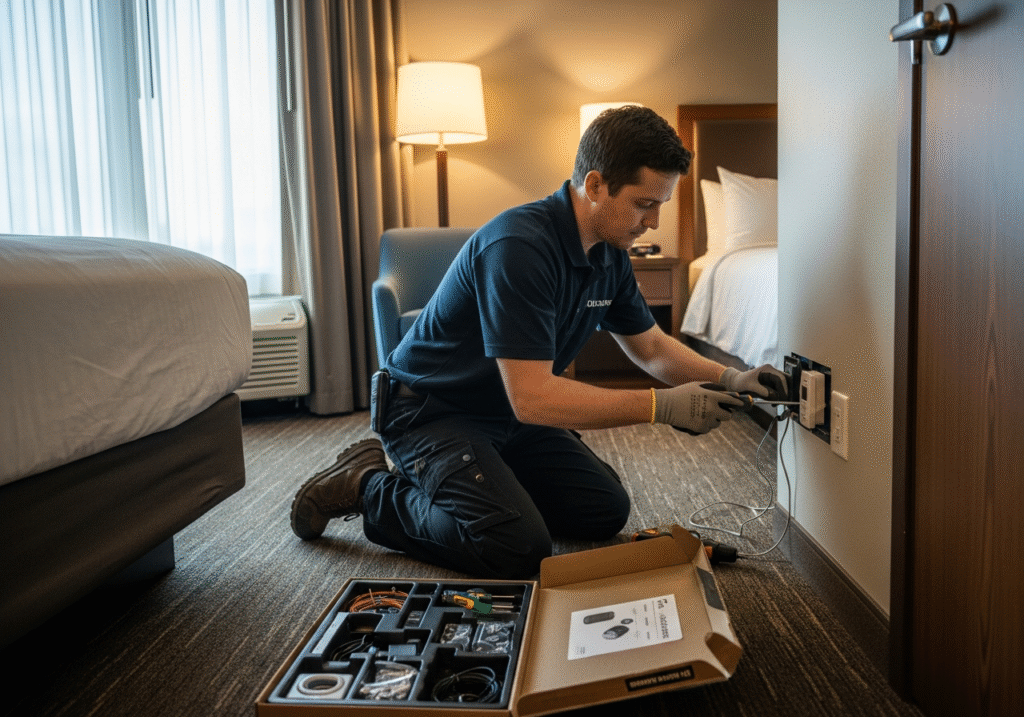 Silent and Efficient Hotel Room Upgrades An installer working quietly in a single hotel room, with a neat, pre-kitted box of materials beside them.
