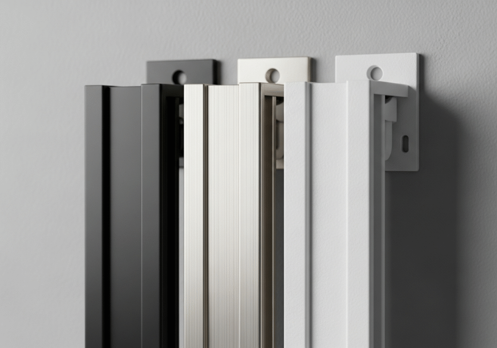 A close-up shot showcasing various curtain track finishes like matte black, brushed nickel, and powder-coated white.