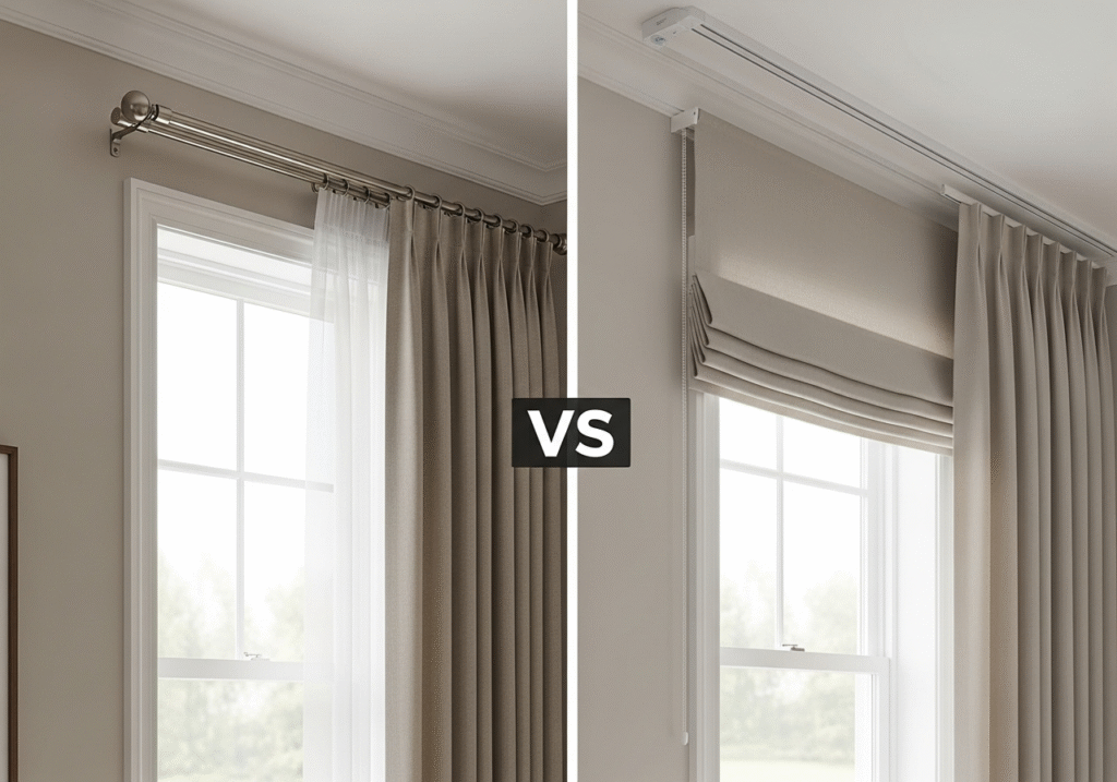 Light and Acoustic Control with Curtain Tracks An image demonstrating the light gap over a wall-mounted rod vs. the complete seal of a ceiling track.