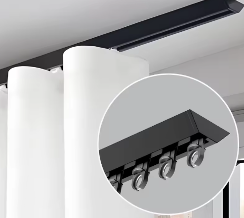 Smart Integrated Hotel Curtain Track An image showing a sleek, minimalist curtain track with a subtle wire leading into the wall, symbolizing its connection to a smart building system.