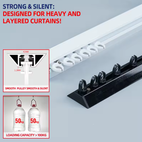 Modern Curtain Track Materials and Finishes A close-up shot showcasing the textures of a matte black recycled aluminum track and a sleek, modern polymer carrier.