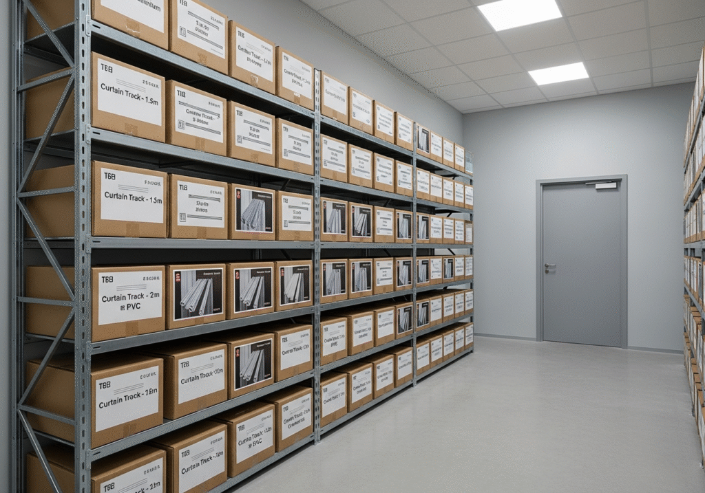 Proper On-Site Storage and Delivery Timing An image of neatly labeled boxes of curtain tracks stored in a clean, completed room, separate from any ongoing dusty construction work.