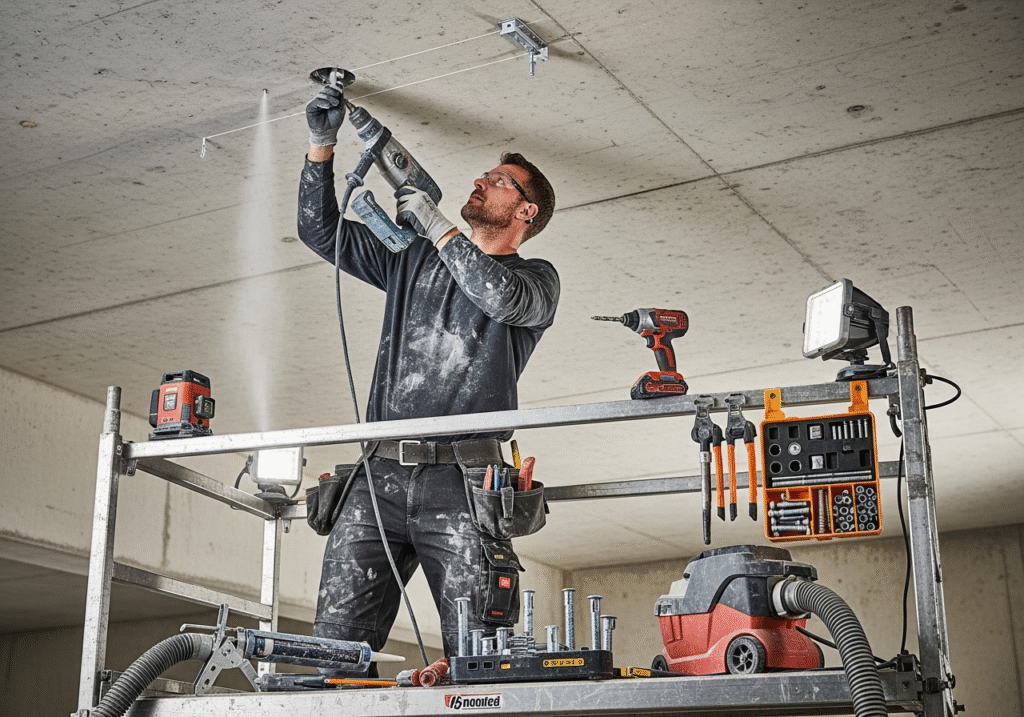 Installing Tracks on Concrete Ceilings An installer working on a concrete ceiling, showing the specialized tools required.