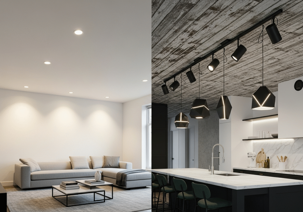 A split-screen image showing a perfect concealed track and a stylish exposed track.