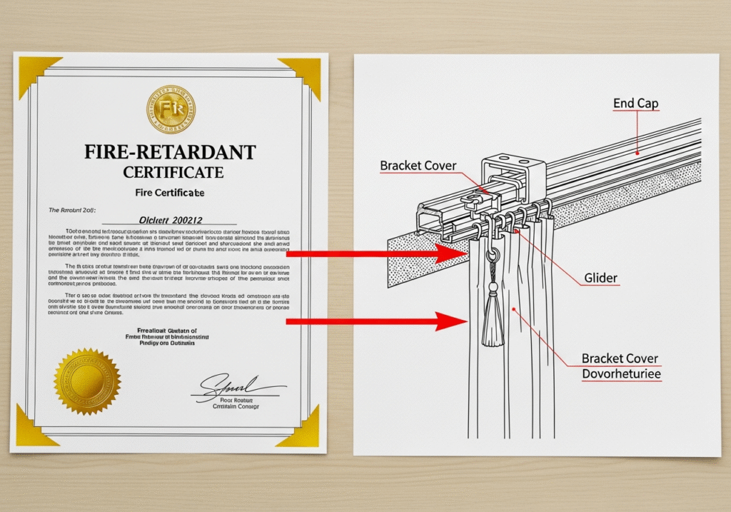 Fire-Retardant Components of a Curtain Track System An image of a fire-retardant certificate next to a diagram of a curtain track, with arrows pointing to the end cap, glider, and bracket cover.