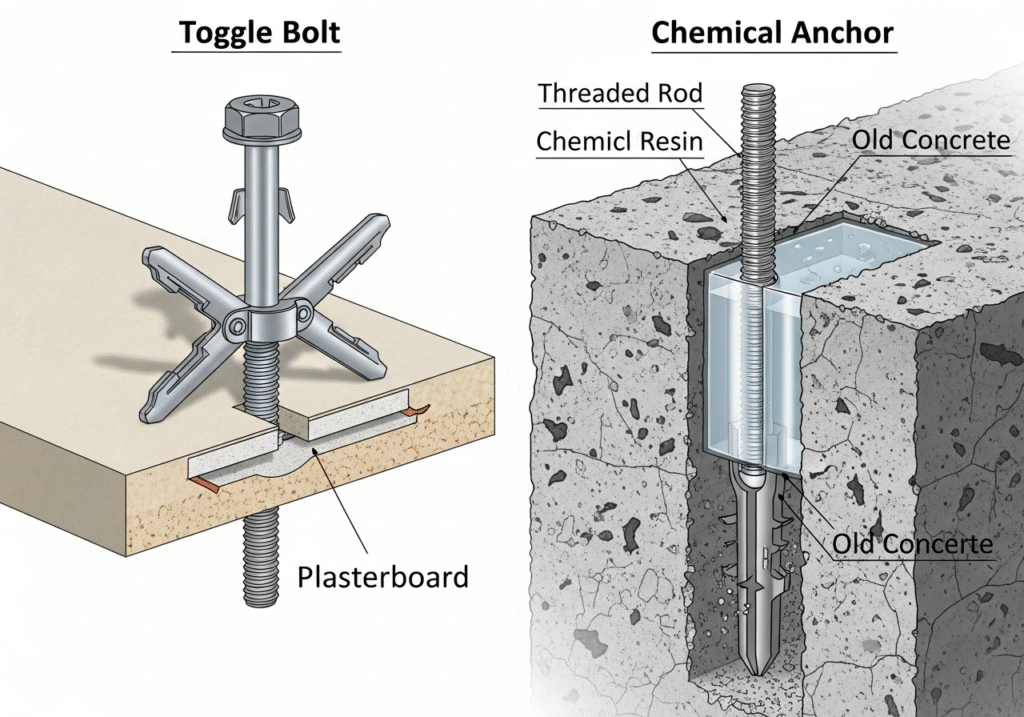 Specialized Anchors for Retrofit Projects A close-up diagram showing different anchor types: a toggle bolt for plaster and a chemical anchor for old concrete.