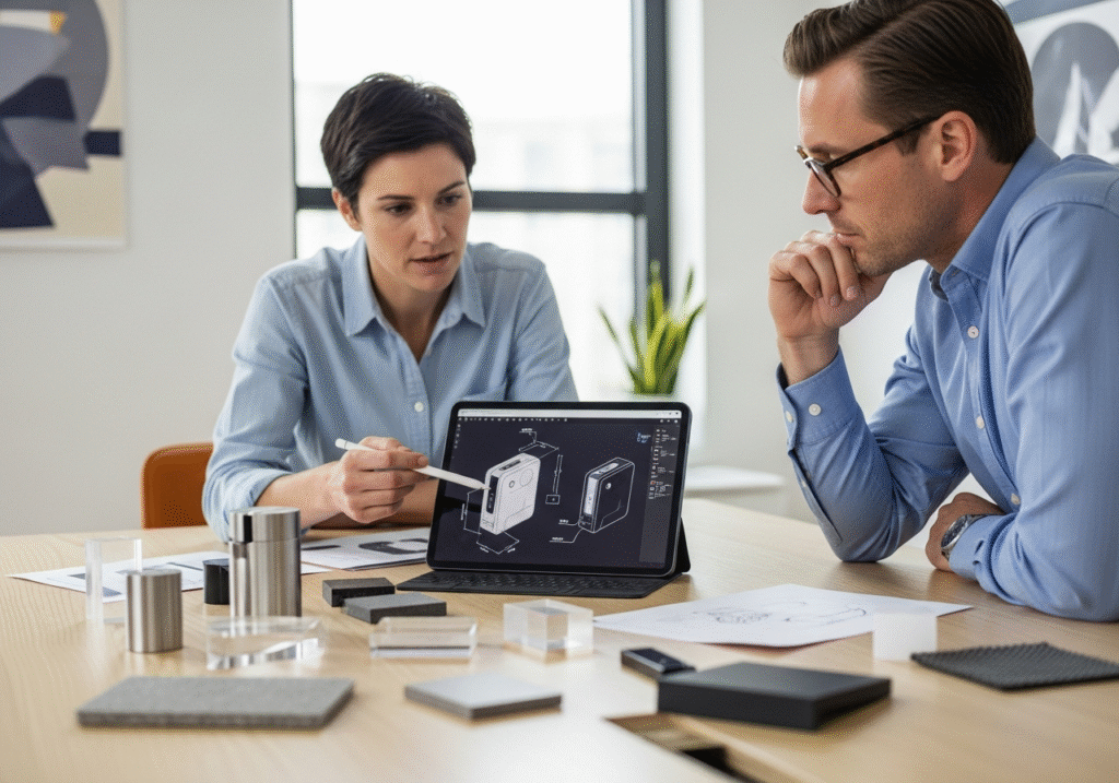 Agile Supplier-Designer Collaboration A designer and a supplier representative collaborating over a tablet showing CAD drawings and product samples on the table.