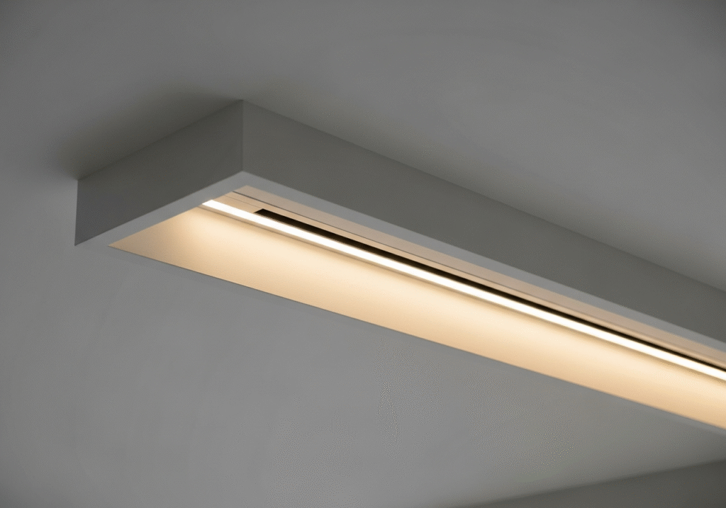 A detailed view of a ceiling pocket with a recessed track and integrated LED strip lighting.
