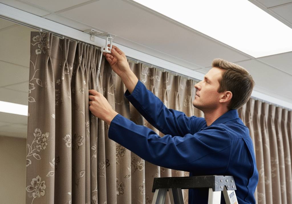 Easy Curtain Track Maintenance A maintenance worker easily clicking a new carrier into a track without removing the curtain.