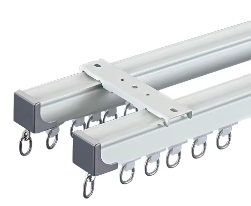 Using a Laser Level for Curtain Track Installation A laser level casting a bright red horizontal line across a hotel room wall, with curtain track brackets being installed perfectly along the line.