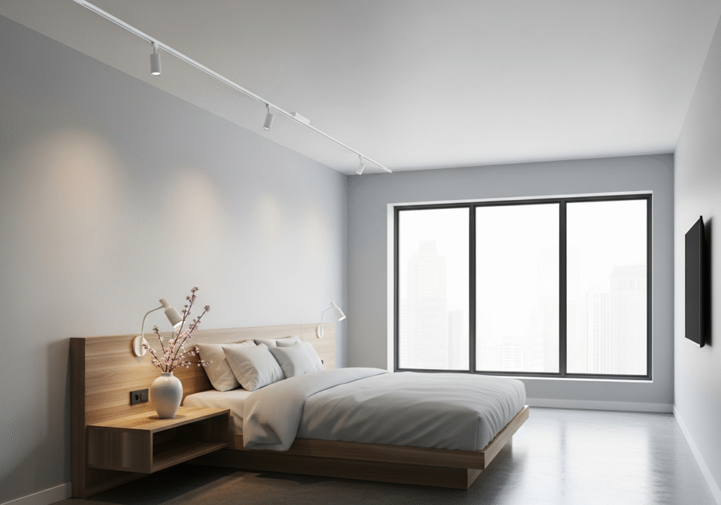 A modern, minimalist hotel room with a very slim, unobtrusive white track mounted on the ceiling.