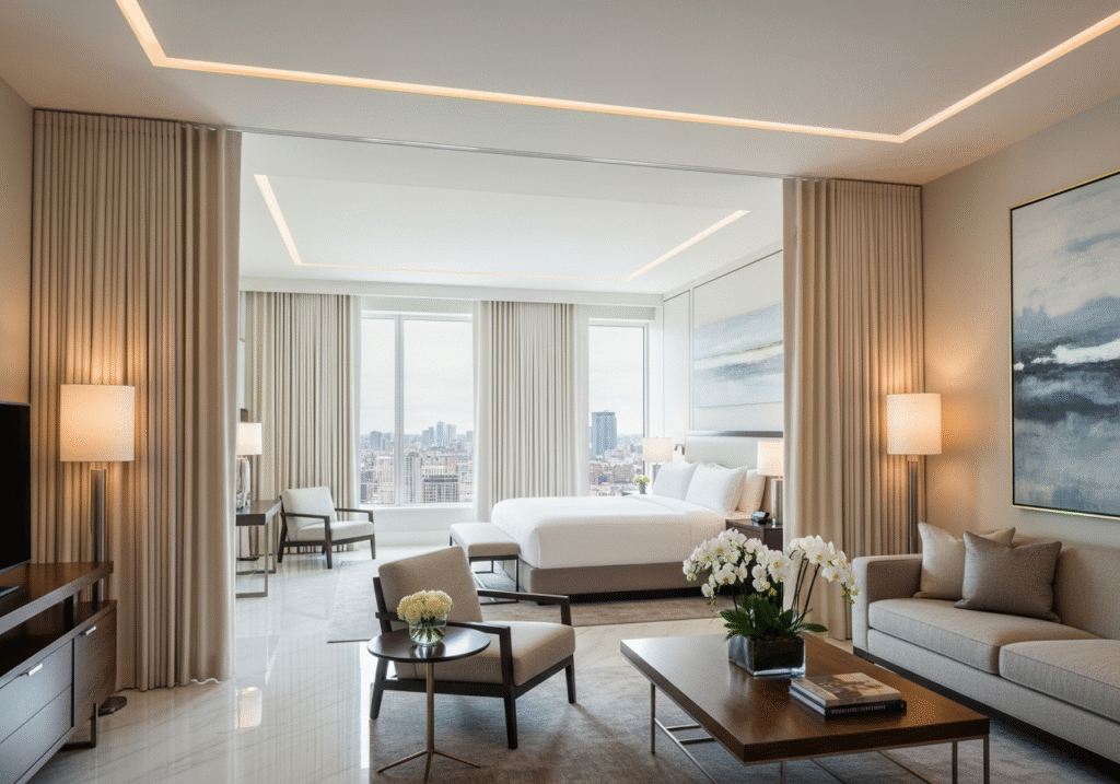 Aesthetic Impact of Ceiling-Mounted Tracks A luxury hotel suite with floor-to-ceiling curtains on a hidden ceiling track, creating a grand and spacious feel.