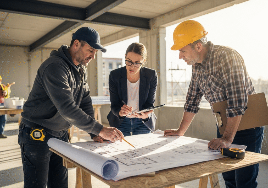 Collaborative Review of Design Plans An image showing an installer, a designer, and a contractor all looking at the same architectural blueprint together on-site.