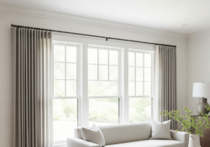 A perfectly straight curtain rod installed across an ultra-wide window in a beautiful, modern living room, demonstrating a professional, sag-free result.