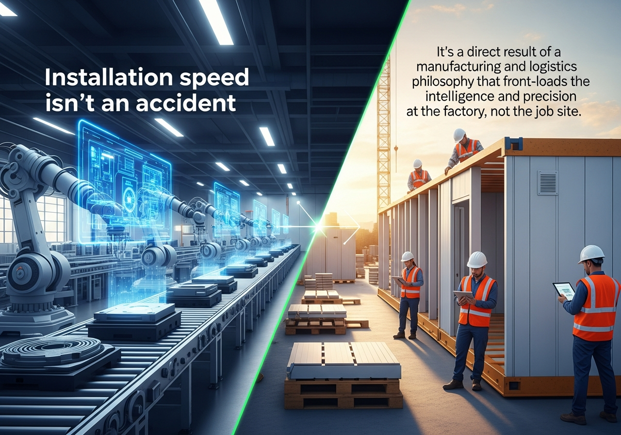Illustration of efficient factory pre-assembly for curtain tracks, highlighting how precision manufacturing reduces on-site installation time compared to traditional methods.