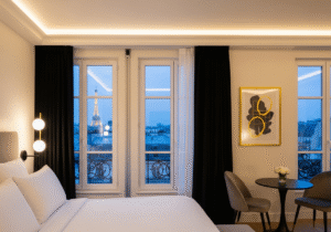 A luxurious Paris hotel room showcasing motorized curtain tracks on windows with elegant decor and Eiffel Tower view.