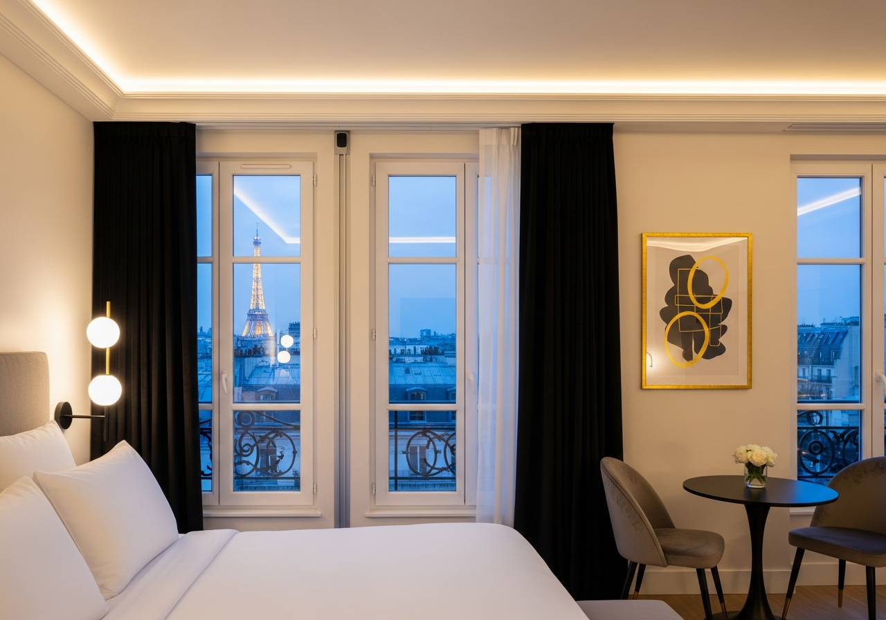 A luxurious Paris hotel room showcasing motorized curtain tracks on windows with elegant decor and Eiffel Tower view.