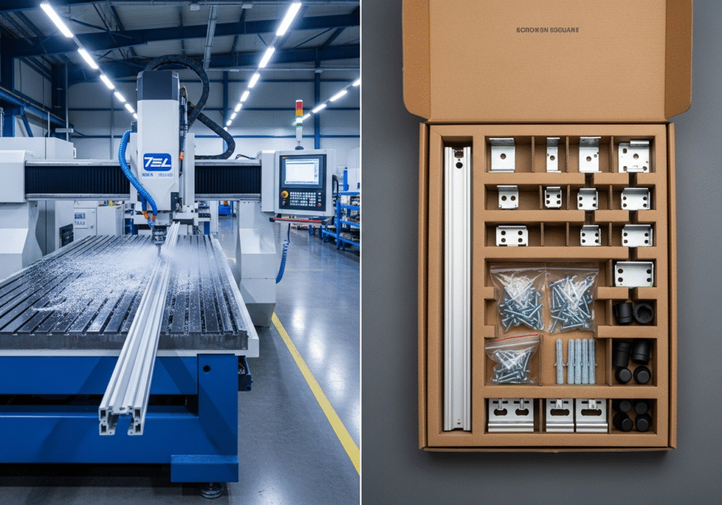 A diptych showing a CNC machine cutting a curtain track on one side, and a neatly kitted box with all installation parts on the other, representing factory precision.