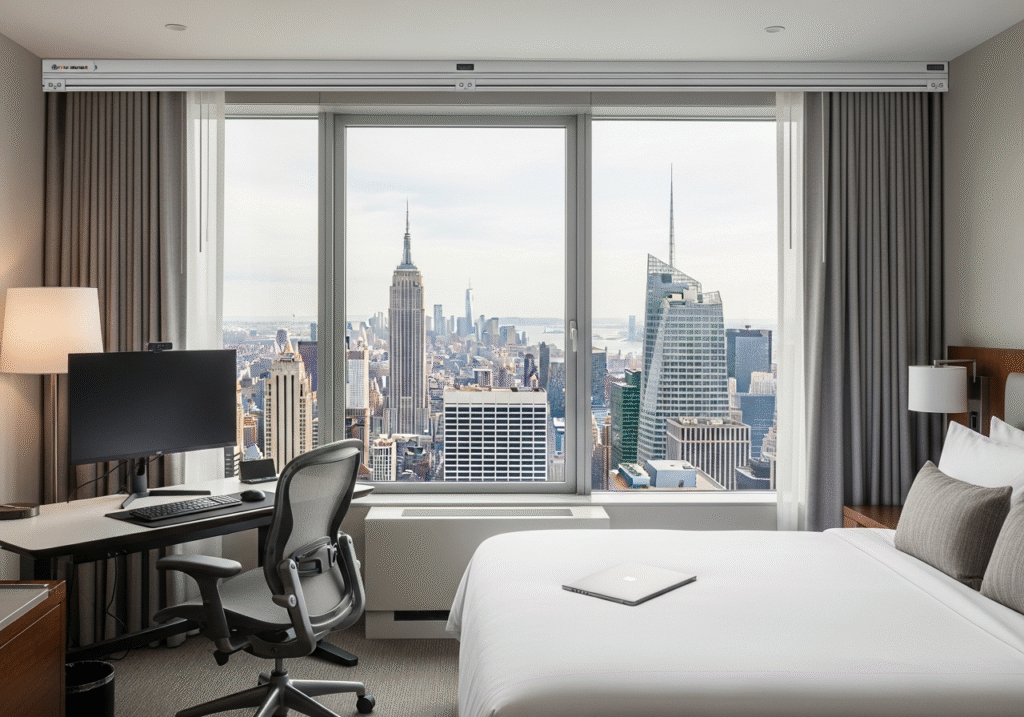 New York business hotel room with aluminum curtain tracks and city skyline.