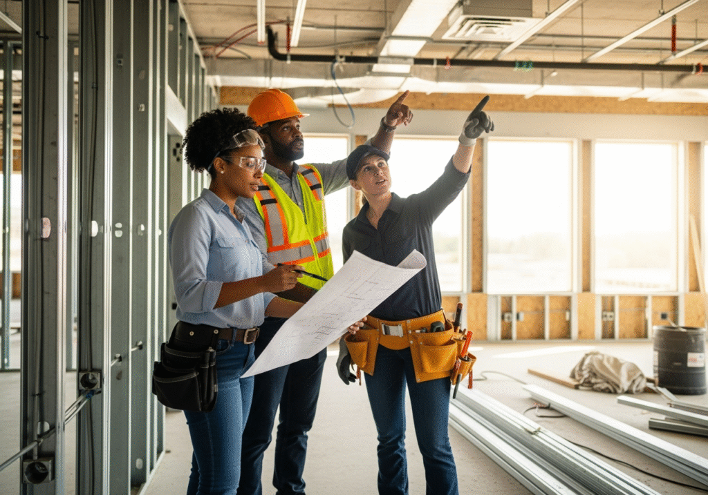 An architect, contractor, and installer review blueprints together on-site, pre-emptively solving an installation conflict during a planning walk-through.