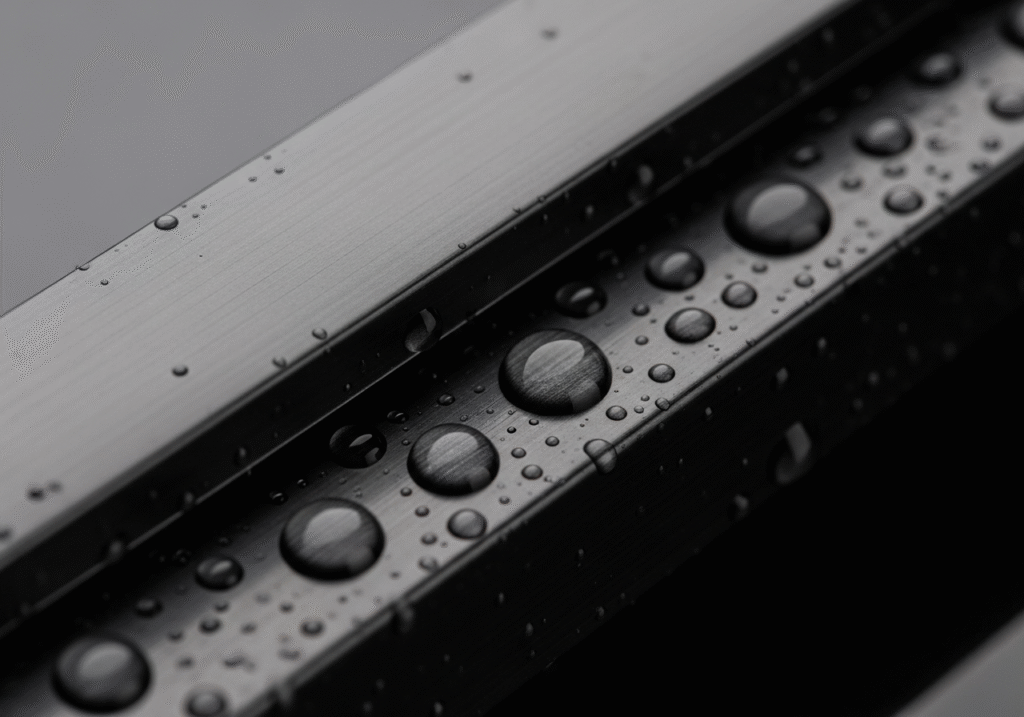 Macro photo of water beading up on a corrosion-resistant curtain track, demonstrating its durable, non-porous finish.
