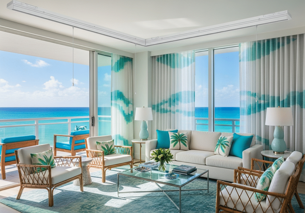 Miami beach resort room with recessed PVC curtain tracks and open ocean views.