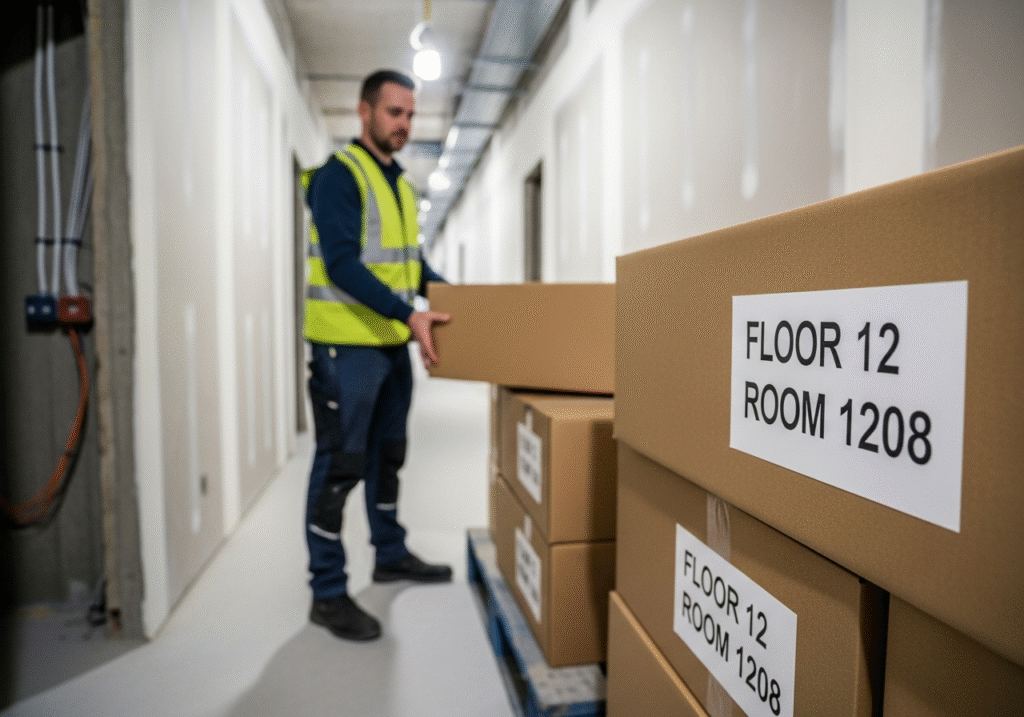 An installer in a hotel hallway easily identifies the correct curtain track box thanks to a large, clear label specifying the floor and room number.