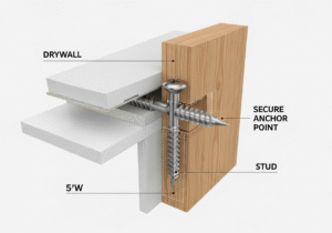 A 3D cutaway diagram illustrating how a screw fixes a bracket directly into a wooden wall stud for the most secure hold.