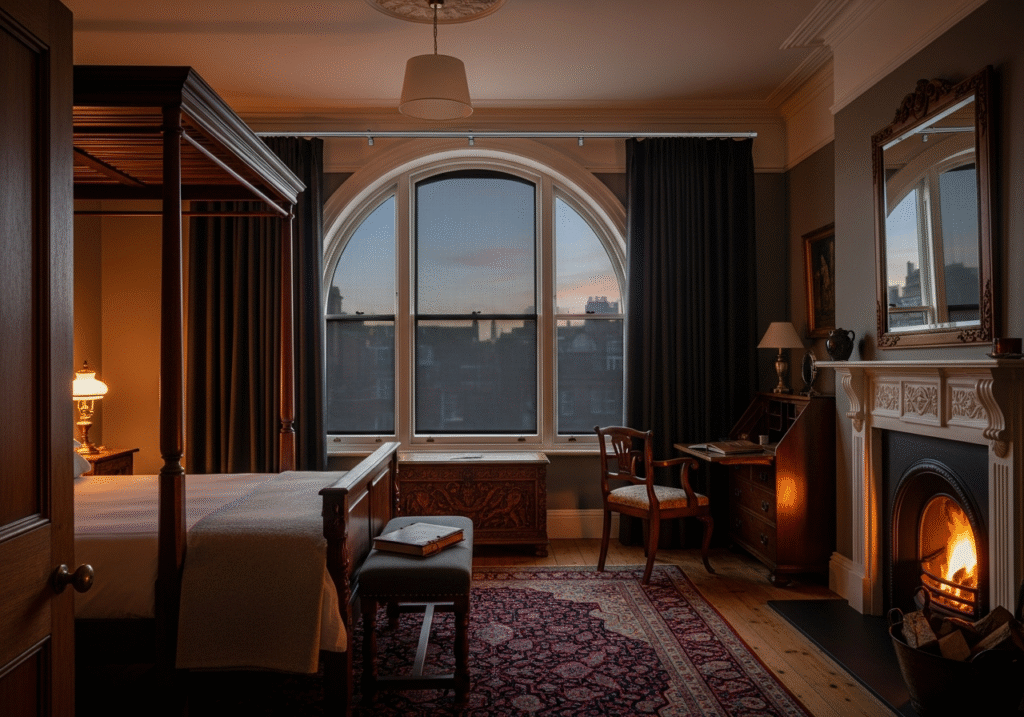 London historic inn room with custom curtain tracks on arched windows and classic decor.