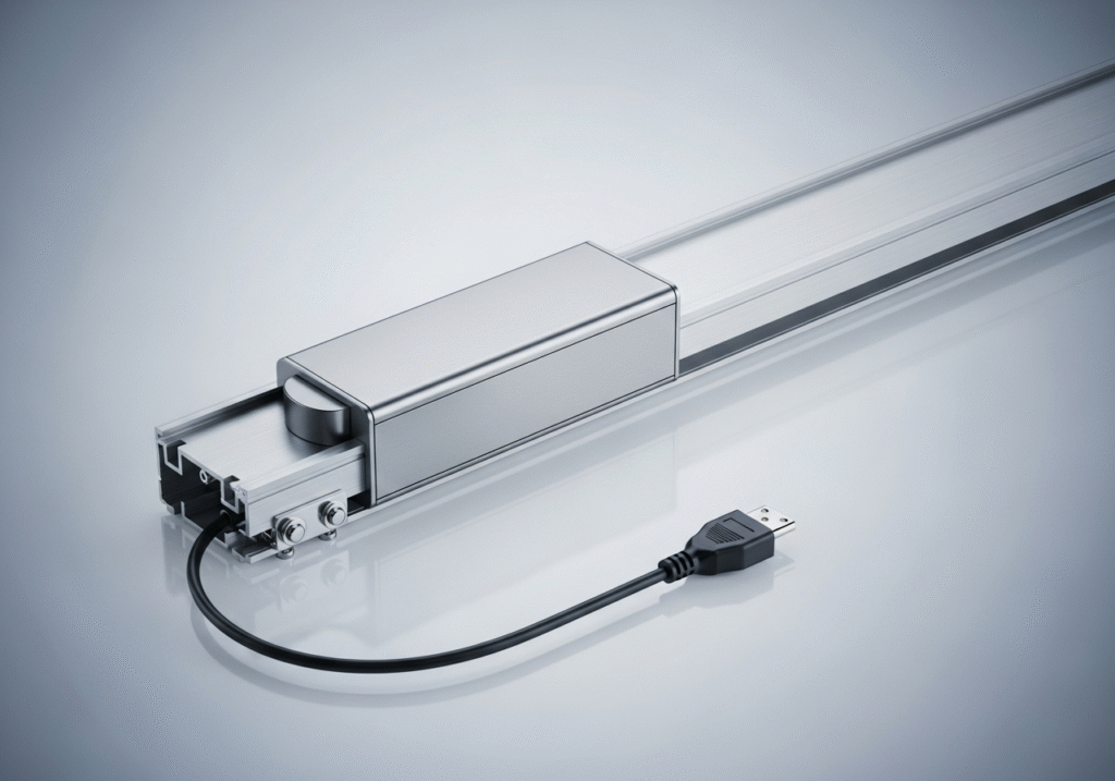 A close-up photograph of a pre-assembled motorized curtain track module, showcasing its integrated motor and simple plug-and-play design.