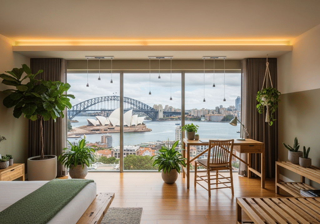 Sydney eco-hotel room with sustainable polymer curtain tracks and harbor scenery.