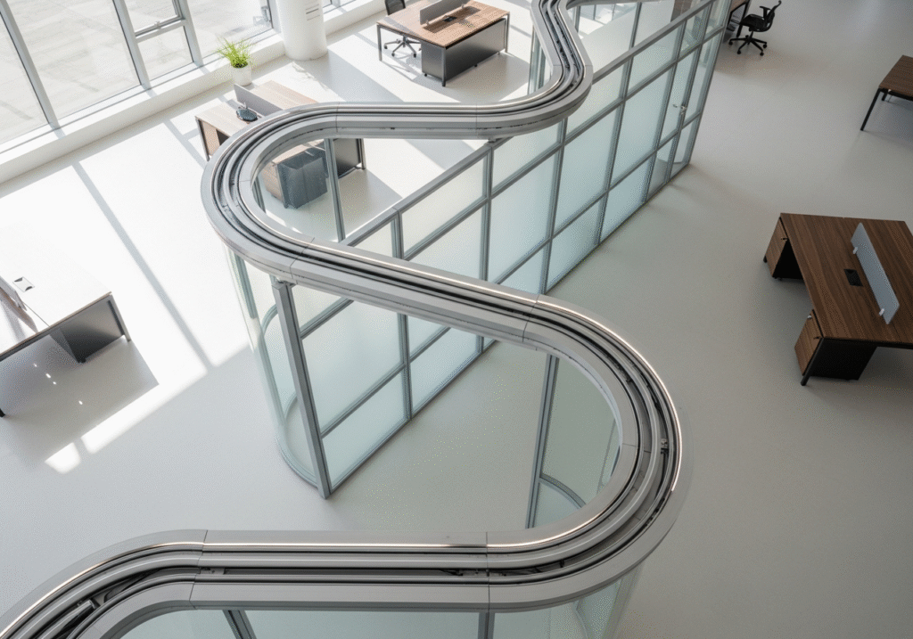 Top-down view of a curtain track bent into a perfect S-curve, showcasing its flexibility for custom architectural layouts.