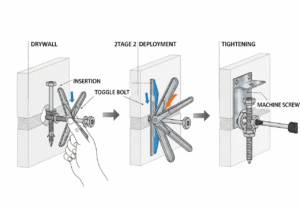 An infographic showing the three steps of installing a toggle bolt anchor into a hollow wall for a secure mount.