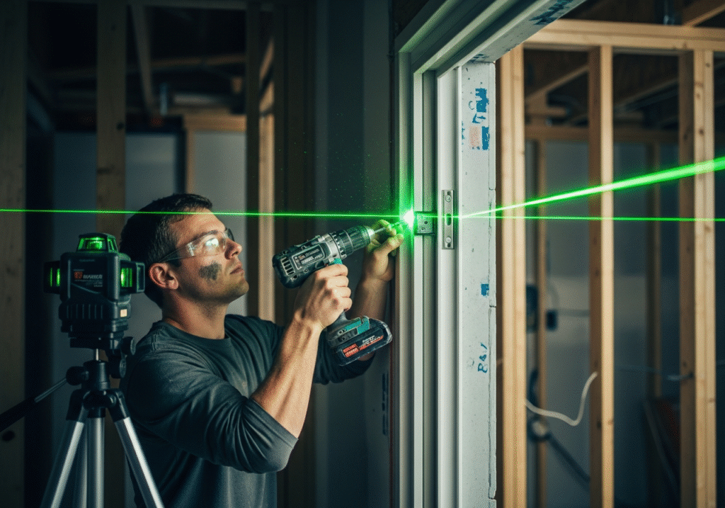 An installer uses a green laser level to ensure perfect alignment while mounting a curtain track bracket, demonstrating professional precision.