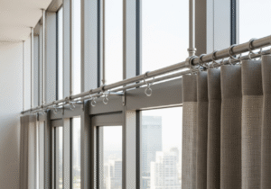A long curtain rod showing multiple, evenly spaced support brackets and C-rings designed to allow curtains to pass over them freely.