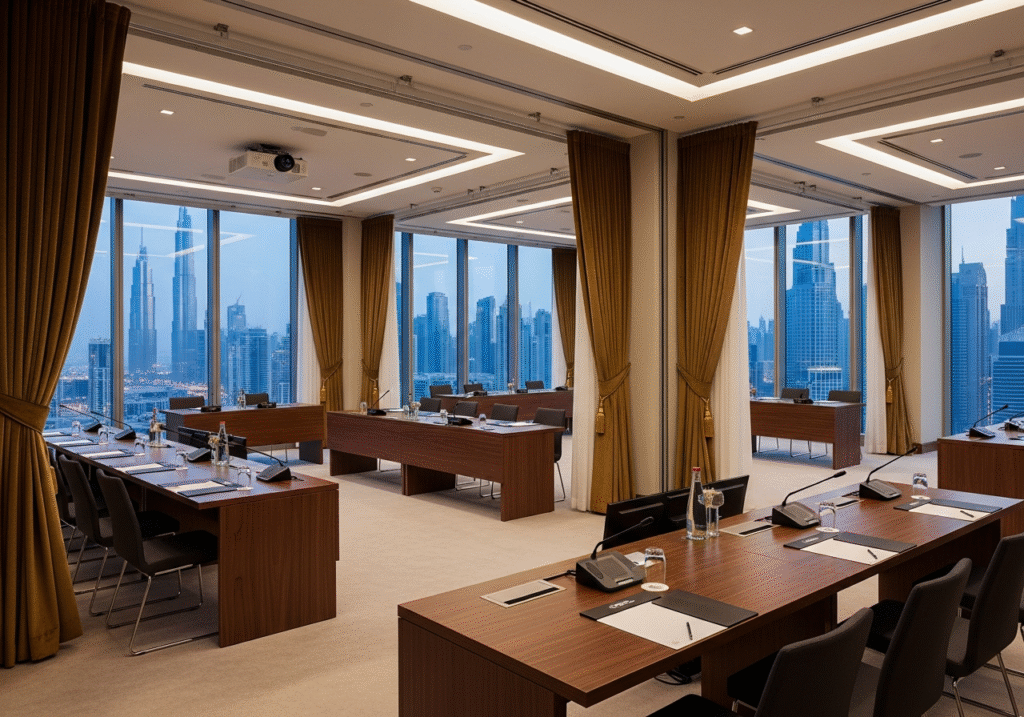 Dubai conference hotel suite with partition curtain tracks and skyline backdrop.