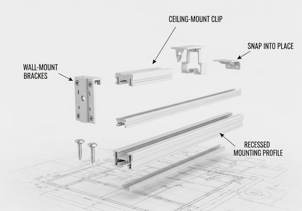 An exploded-view diagram displaying a curtain track with its various mounting options, including wall, ceiling, and recessed brackets.