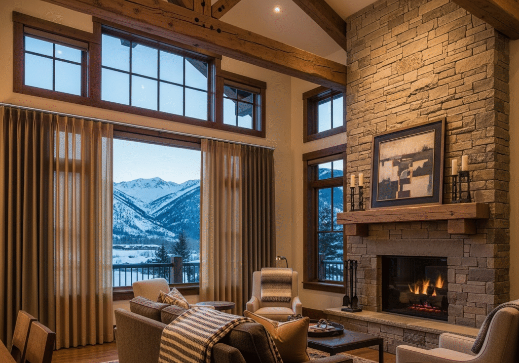 Aspen lodge room with stainless steel curtain tracks and snowy mountain views.