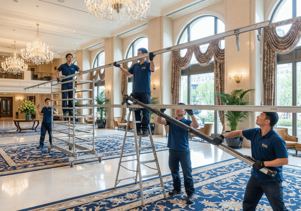 A coordinated team of three installers working together to safely and efficiently install a very long curtain track in a large hotel lobby.
